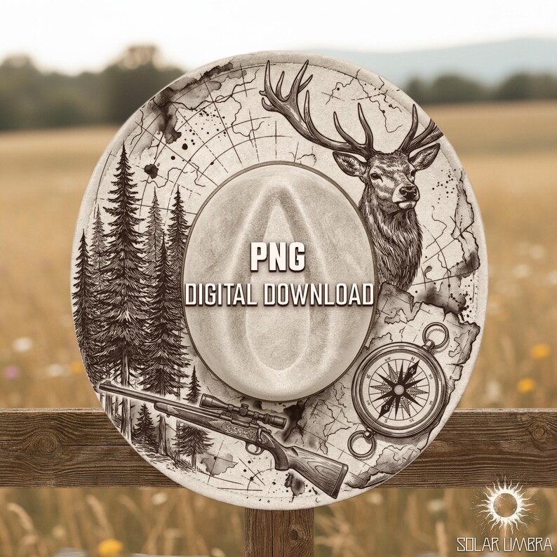 May include: A digitally designed cowboy hat with a hunting theme. The hat features a deer, a rifle, a compass, and a map design. The text "PNG DIGITAL DOWNLOAD" is displayed on the hat.