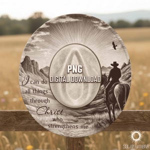 Gravure PNG de cow-boy chrétien, je peux tout faire grâce à la conception du Christ, modèle de foi occidentale avec des montagnes et des rayons de soleil, PNG PDF