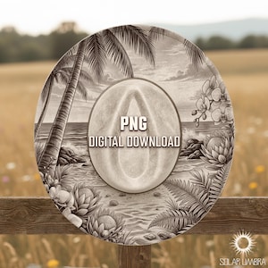 Può includere: Grafica di download digitale circolare in seppia con una scena di spiaggia, palme ed elementi floreali. Il design centrale presenta una forma di cappello con il testo "PNG DIGITAL DOWNLOAD". L'immagine è ambientata su uno sfondo sfocato all'aperto.