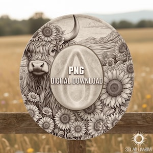 Può includere: Un design grafico circolare con un'illustrazione dettagliata a linee di una mucca delle Highland circondata da girasoli e un paesaggio montano. Il centro contiene il testo PNG DIGITAL DOWNLOAD in un carattere in grassetto.