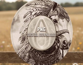 Horse with Feathers Hat Burning Design, Laser Ready Engraving Files, Rustic Cowboy Art For Hat Brim, Digital Download File PNG PDF