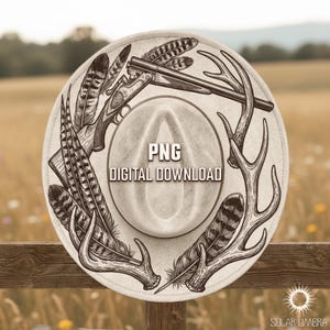 May include: A cream-coloured cowboy hat featuring a detailed illustration of a shotgun, feathers, and antlers. The hat has the text "PNG DIGITAL DOWNLOAD" in the centre. The background is a blurred image of a field and a wooden fence.