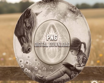 Girl Reading with Horse Laser Engraving Hat Design, Western Ranch Scene, Burned Hat Template, Wide Brim Hat Burning Design, PNG Download