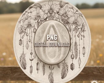 May include: A beige fedora hat with a floral and feather design. The hat features a detailed illustration of orchids, feathers, and hanging crystals. The text "PNG DIGITAL DOWNLOAD" is printed on the hat.