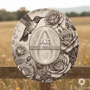 Puede incluir: Sombrero de diseño digital con un colibrí y rosas en un estilo vintage. El sombrero tiene una paleta de colores neutros con el texto "PNG DIGITAL DOWNLOAD". El sombrero está sobre una valla de madera.