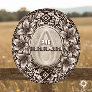 May include: A digitally designed hat with a white center and a decorative border featuring floral and geometric patterns. The hat is adorned with lily flowers and tribal designs. The text "PNG DIGITAL DOWNLOAD" is visible on the hat.