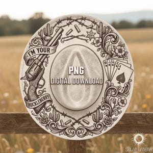 May include: A digitally designed cowboy hat with a revolver, playing cards, and floral accents. The hat features the text "I'M YOUR HUCKLEBERRY" and "PNG DIGITAL DOWNLOAD". The design is set against a blurred outdoor background.