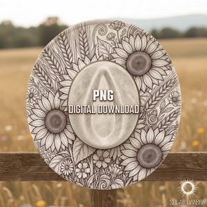 May include: A light gray cowboy hat with a detailed floral design featuring sunflowers, wheat, and other flowers. The hat has the text "PNG DIGITAL DOWNLOAD" in the center. The hat is resting on a wooden fence.