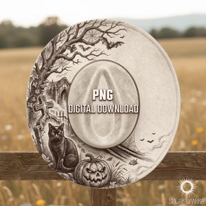 May include: A round, light-colored hat featuring a detailed black ink illustration of a Halloween scene. The design includes a black cat, a jack-o'-lantern, a graveyard with a cross, bare trees, spiderwebs, and bats. Text reads PNG DIGITAL DOWNLOAD.