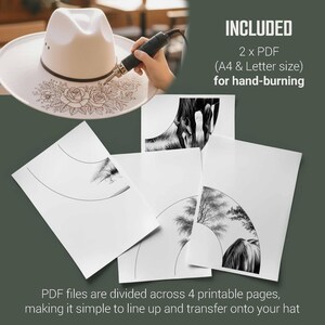 K&ouml;nnte beinhalten: Ein wei&szlig;er Hut mit floralem Design, der mit einem Brennwerkzeug handgebrannt wird. Das Bild enth&auml;lt druckbare PDF-Dateien mit Pferde- und Baumdesigns. Der Text auf dem Bild lautet: "INCLUDED 2 x PDF (A4 & Letter size) for hand-burning".