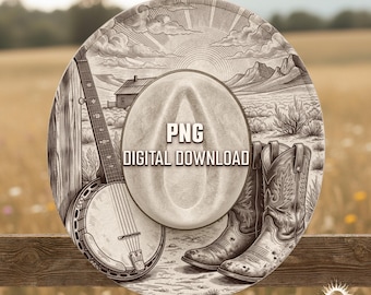 Banjo and Cowboy Boots Hat Burning Design, Cowboy Hat Laser Engraving Template, Country Music Landscape Scene, Digital Download PNG PDF