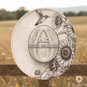 May include: A light grey fedora hat with a hummingbird and sunflower design. The hat features the text "PNG DIGITAL DOWNLOAD". The hat is decorated with a detailed illustration of sunflowers and a hummingbird.
