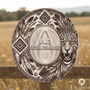 May include: A cream-colored cowboy hat with a detailed black and white design. The hat features a jaguar head, feathers, geometric patterns, and the text "PNG DIGITAL DOWNLOAD". The hat is set against a blurred outdoor background.