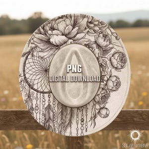 May include: A cream-colored fedora hat with a floral and dreamcatcher design. The hat features a detailed black and white illustration of peonies, feathers, and a dreamcatcher. The text "PNG DIGITAL DOWNLOAD" is printed on the hat.
