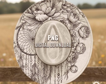 May include: A cream-coloured fedora hat with a floral and dreamcatcher design. The hat features a detailed black and white illustration of peonies, feathers, and a dreamcatcher. The text "PNG DIGITAL DOWNLOAD" is printed on the hat.