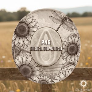 May include: A digitally designed cowboy hat featuring sunflowers and a dragonfly. The hat is tan with a sepia-toned illustration. The text "PNG DIGITAL DOWNLOAD" is centered on the hat. The hat is resting on a wooden fence.