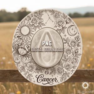May include: A circular graphic design featuring a black and white line art illustration of a crab, roses, a sun, and a crescent moon. The text PNG DIGITAL DOWNLOAD is centered, and the word Cancer is written in script at the bottom.