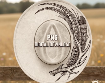 Antler And Feather Hat Burning Design, Fedora Hat Laser Engraving Template, Rustic Minimalist Wide Brim Art, Digital Download PNG PDF