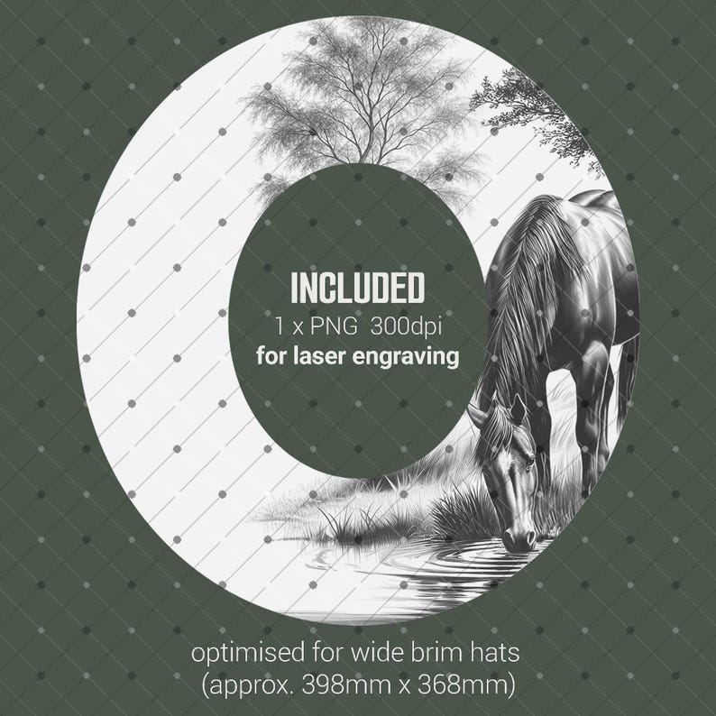 K&ouml;nnte beinhalten: Schwarz-Wei&szlig;-Illustration eines Pferdes, das Wasser trinkt, mit einem Baum und dem Text "INCLUDED 1 x PNG 300dpi for laser engraving". Optimiert f&uuml;r H&uuml;te mit breiter Krempe, ca. 398 mm x 368 mm.