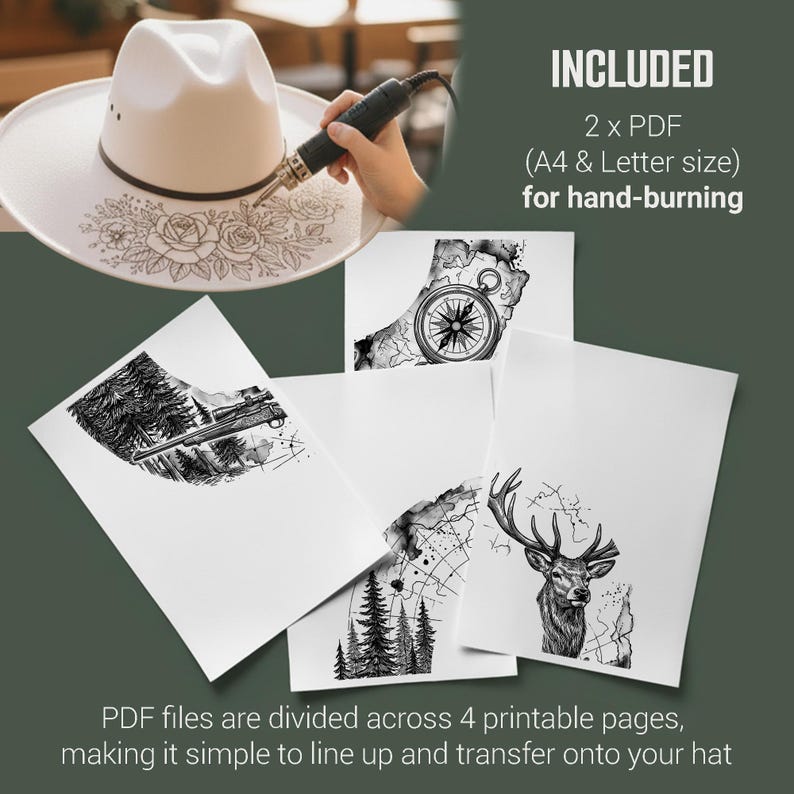 Hunting Rifle Hat Burning Design, Outdoors Hat Laser Engraving Template, Deer Head With Navigation Compass, PNG PDF image 4