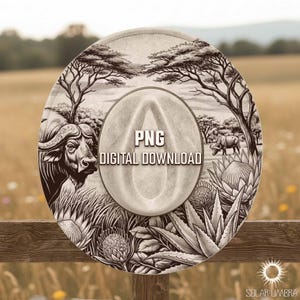 May include: A beige cowboy hat featuring a detailed black and white illustration of African wildlife and vegetation. The design includes a buffalo, rhino, trees, and the text "PNG DIGITAL DOWNLOAD".