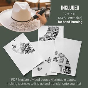 May include: A white hat with a floral design being hand-burned. The image includes PDF files with floral and butterfly patterns for hand-burning. The text reads "INCLUDED 2 x PDF (A4 & Letter size) for hand-burning".