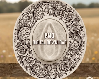 Rose Wreath Hat Burning Design, Filigree Hat Laser Engraving Template, Tooled Leather Style Scrollwork, Hat burning Stencil, PNG PDF