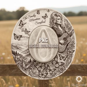 May include: A circular graphic design featuring a portrait of a woman with voluminous hair playing an acoustic guitar, surrounded by butterflies, roses, and a mountain landscape. The text reads The Smoky Mountain Songbird, PNG, and DIGITAL DOWNLOAD.