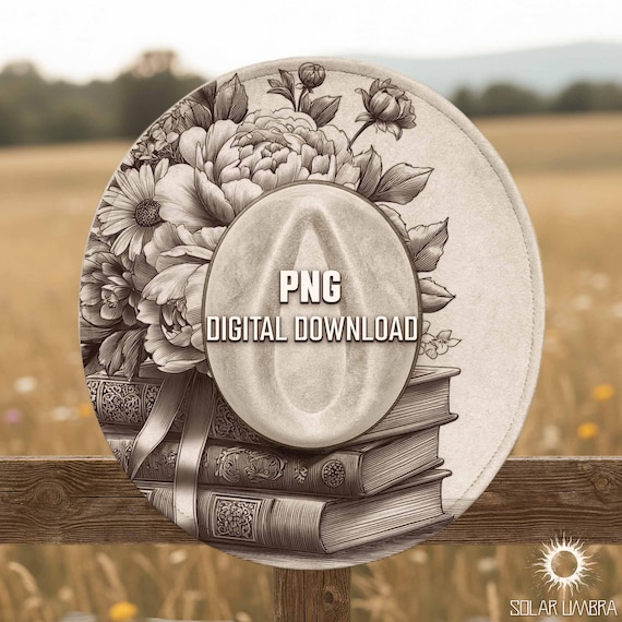 Books and Flowers Hat Burning Design, Rustic Engraving, Vintage Book Lover Artwork, Digital Download File PNG PDF