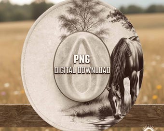 Horse Drinking Water, Wide Brim Hat Burning Design, Western Landscape Engraving Template, Farm Animal Art, Hat Burning Stencil