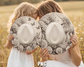 Unicorn Hat Burning Design, Cowgirl Hat Laser Engraving Template, Floral Rose Wreath With Butterflies, Family Set, PNG PDF
