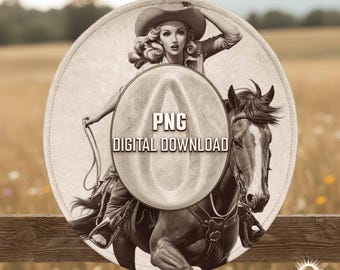 Cowgirl Riding Horse Laser Engraving Hat Design, Western Burned Hat Template, Wide Brim Pattern, Hat Burning Design PNG Download