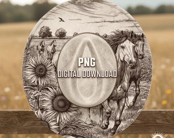 Wilde Pferde und Sonnenblumen Hut Gravur Design, Hut Brennen Vorlage, Laser Gravur Digitale Datei, Rustikale Hut mit breiter Krempe, PNG und PDF