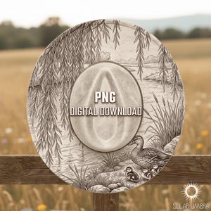 May include: A sepia-toned digital download featuring a hat design with a nature scene. The artwork depicts a duck with ducklings near a pond, weeping willow branches, and the text "PNG DIGITAL DOWNLOAD". The hat is set against a blurred outdoor background.