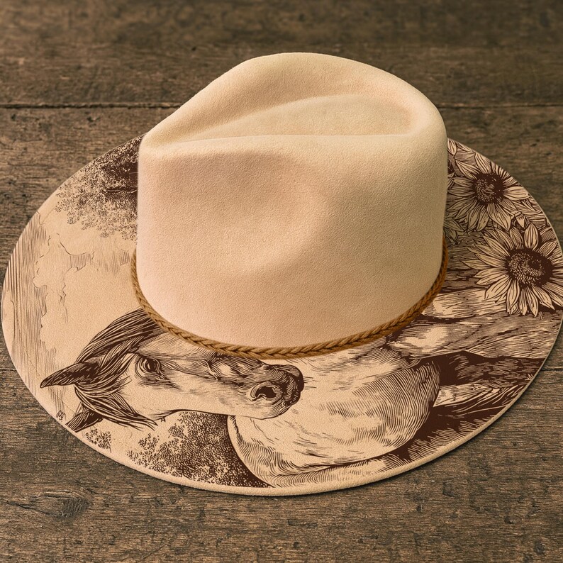 Horse and Sunflowers Hat Burning Stencil, Cowgirl Hat Burning Template, Laser Engraving Digital File, Rustic Pyrography Pattern, PNG & PDF image 7