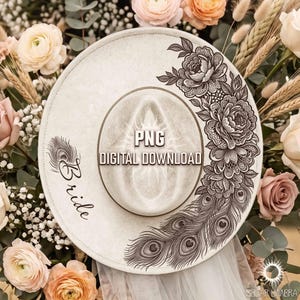 May include: A cream-colored fedora hat with a decorative floral and peacock feather design. The hat features the word "Bride" in script and the text "PNG DIGITAL DOWNLOAD". The hat is surrounded by flowers.