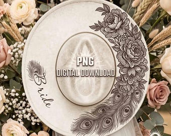 Peacock Feather and Rose Hat Burning Design, Fedora Hat Laser Engraving Template, Bride Script With Intricate Floral Lace, PNG PDF