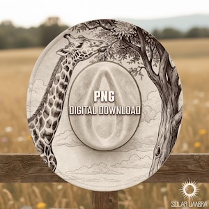 May include: A beige fedora hat with a detailed illustration of a giraffe eating leaves from a tree. The hat has the text "PNG DIGITAL DOWNLOAD" in the center. The background is a blurred outdoor scene.