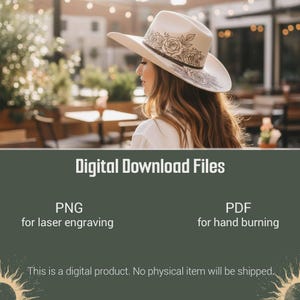 K&ouml;nnte beinhalten: Ein cremefarbener Cowboyhut mit floralem Design. Der Hut hat eine breite Krempe und ein dekoratives Band mit Rosen. Das Bild enth&auml;lt auch den Text "Digital Download Files" und gibt PNG f&uuml;r Lasergravur und PDF f&uuml;r Handbrand an.