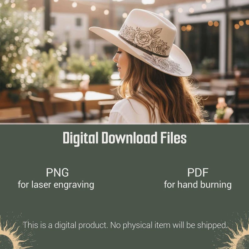 K&ouml;nnte beinhalten: Ein cremefarbener Cowboyhut mit floralem Design. Der Hut hat eine breite Krempe und ein dekoratives Band mit Rosen. Das Bild enth&auml;lt auch den Text "Digital Download Files" und gibt PNG f&uuml;r Lasergravur und PDF f&uuml;r Handbrand an.