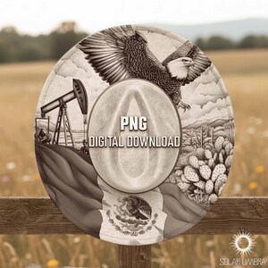 Mexican Flag with Oil Rig Hat Burning Design, Western Engraving PNG, Desert And Cactus Landscape, Digital Download File