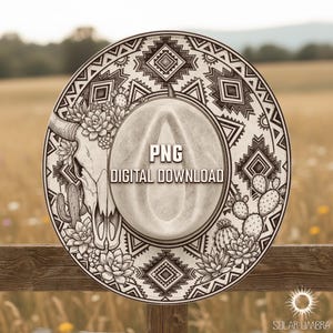 May include: A digitally designed cowboy hat with a decorative southwestern pattern. The hat features a steer skull, cacti, and floral elements. The text "PNG DIGITAL DOWNLOAD" is visible on the hat.