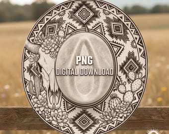 Puede incluir: Sombrero de vaquero de diseño digital con un patrón decorativo del suroeste. El sombrero presenta una calavera de toro, cactus y elementos florales. El texto "PNG DIGITAL DOWNLOAD" es visible en el sombrero.