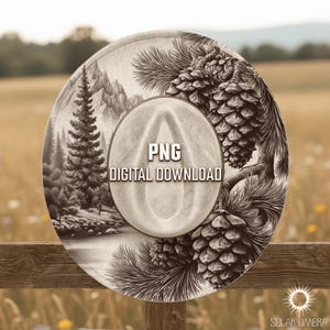 May include: A sepia-toned cowboy hat design featuring a mountain landscape, pine cones, and text that reads "PNG DIGITAL DOWNLOAD". The hat is set against a blurred outdoor background.