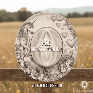 May include: A digitally drawn youth hat design in grayscale, featuring a unicorn, fairy, hearts, and roses. The text "PNG DIGITAL DOWNLOAD" is centered, with "YOUTH HAT DESIGN" below. The Solar Umbra logo is in the bottom right.