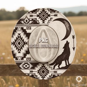 May include: A digitally designed cowboy hat with a southwestern pattern in black and cream. The hat features a howling wolf silhouette, a crescent moon, and the text "PNG DIGITAL DOWNLOAD".