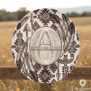 Wzór płonącego kapelusza Indian Ameryki Północnej z plemienną strzałą, szablon grawerowania laserowego kapelusza fedora, południowo-zachodnia sztuka totemów i piór, plik PNG PDF