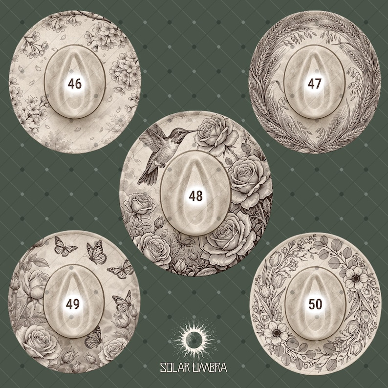 Op de afbeelding: Een verzameling van vijf decoratieve ronde ontwerpen met bloemen, een kolibrie en vlinder illustraties. Elk ontwerp heeft een centrale ovale vorm met een nummer van 46 tot 50. De ontwerpen zijn in beige en bruine tinten, met de tekst "SOLAR UMBRA" onderaan.