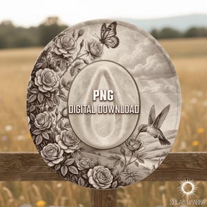 Puede incluir: Diseño de sombrero de vaquero en tonos sepia con una mariposa, un colibrí y rosas. El sombrero está decorado con un estampado floral y el texto "PNG DIGITAL DOWNLOAD". El fondo muestra un campo y un cielo.