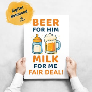 Decoração de parede engraçada para o Dia dos Pais – Cerveja para ele, leite para mim – Presente engraçado para novos pais, download digital, pôster para berçário ou caverna do homem